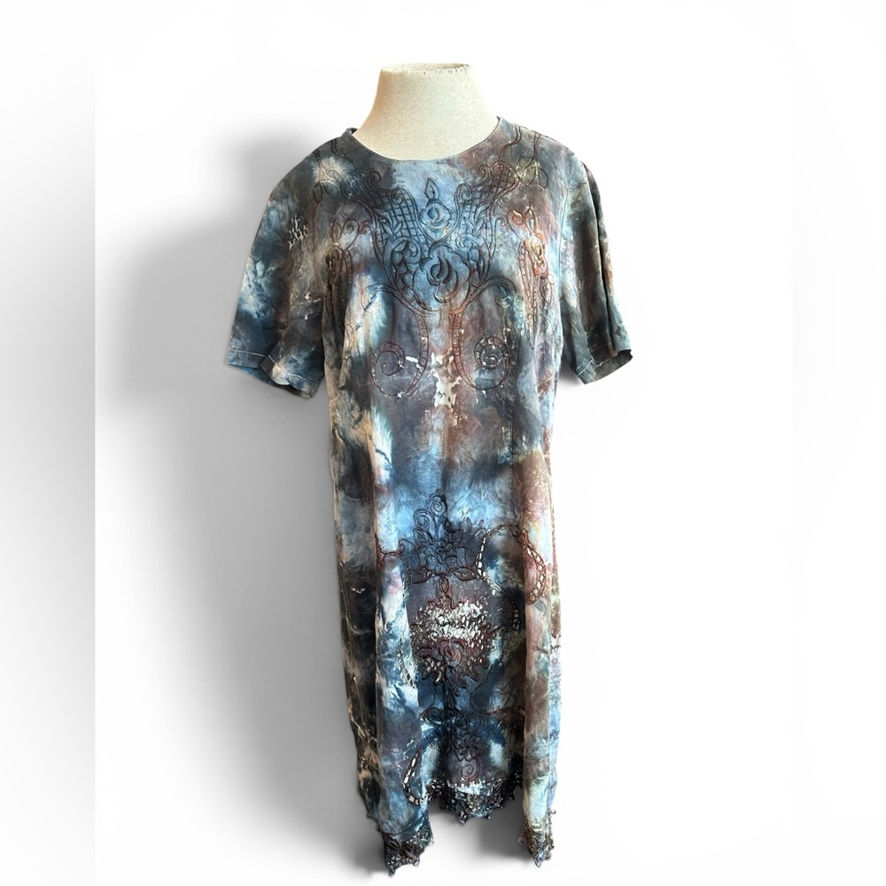 Vintage Women's Midi Dress - Blue Brown Tie-Dye Embroidery details